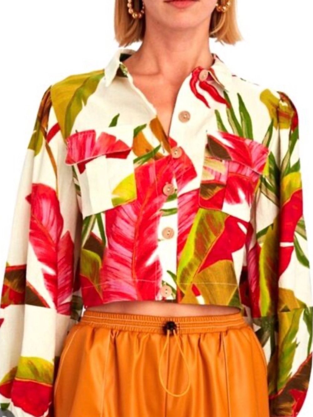 FARM Rio Spring Forest Cropped Linen Blend Shirt Small